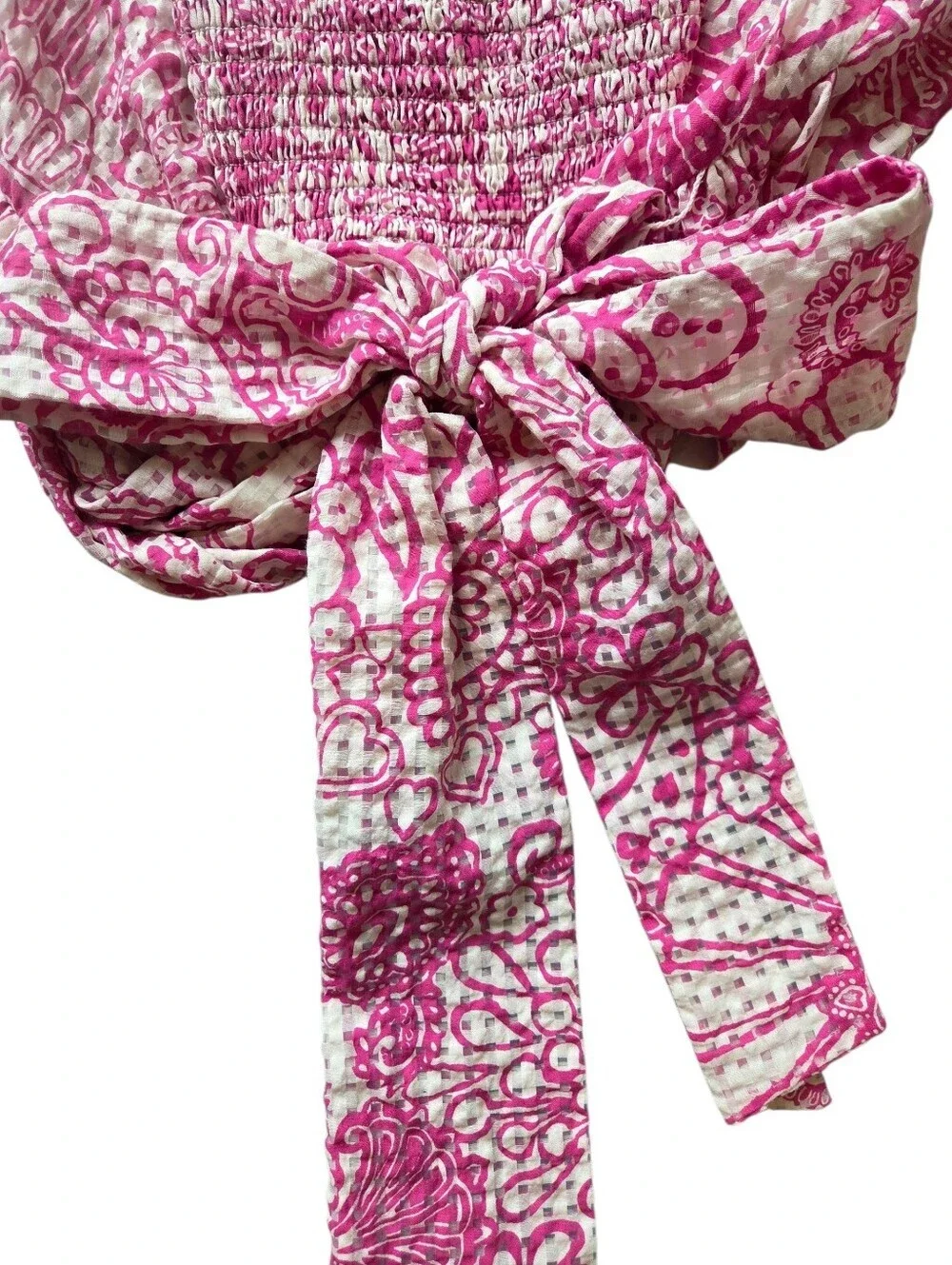 Maeve for Anthropologie Pink White Floral Smocked Wrap Puff-Sleeve Crop Top XL